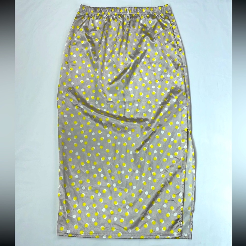 Misguided pull on midi pencil polka dot slip skirt in yellow/gray SzM NWOT